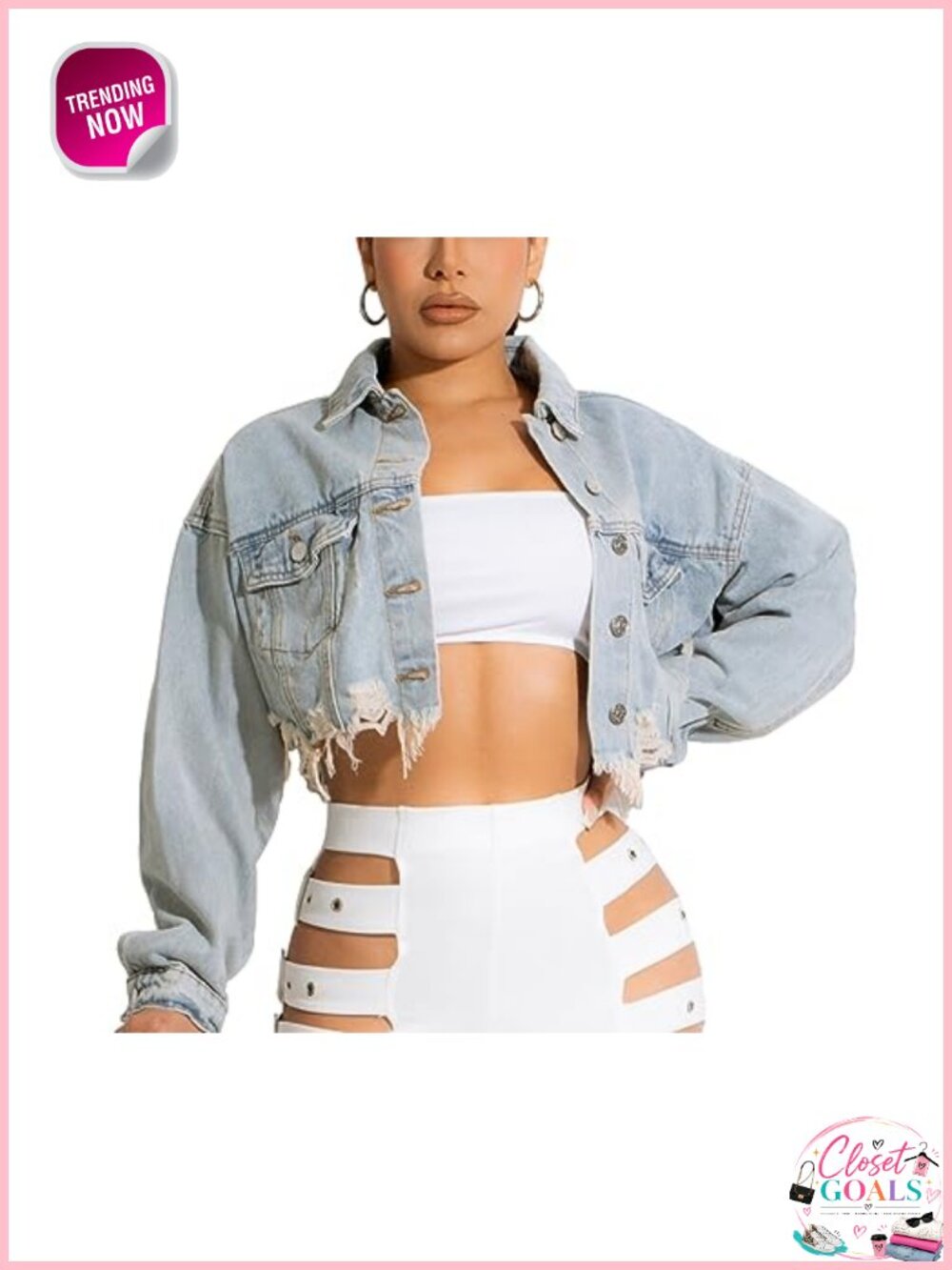 Women's Cropped Denim Jacket Ripped Distressed Frayed Hem Button Up
